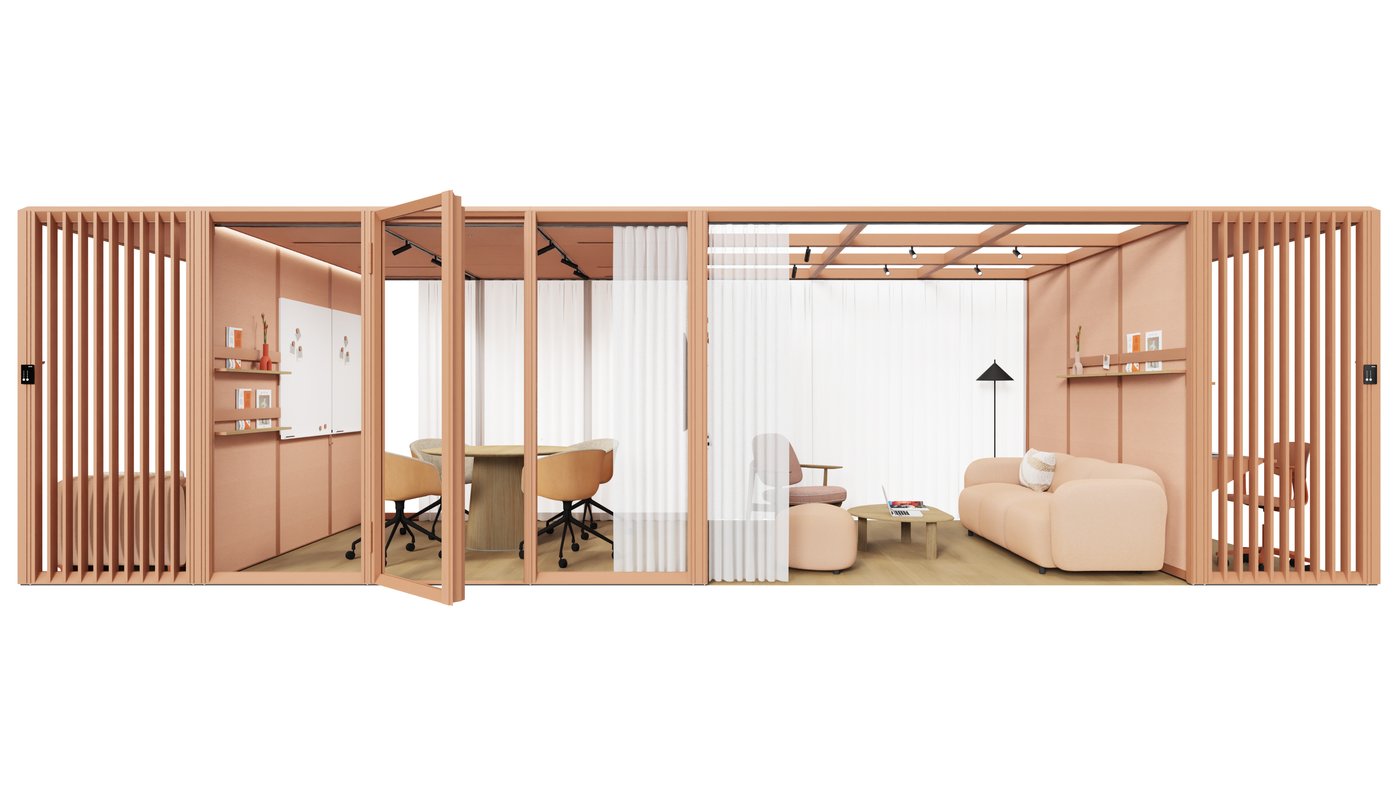 Modulaire akoestische ruimte met vergaderhoek en loungezone - FlexInstall