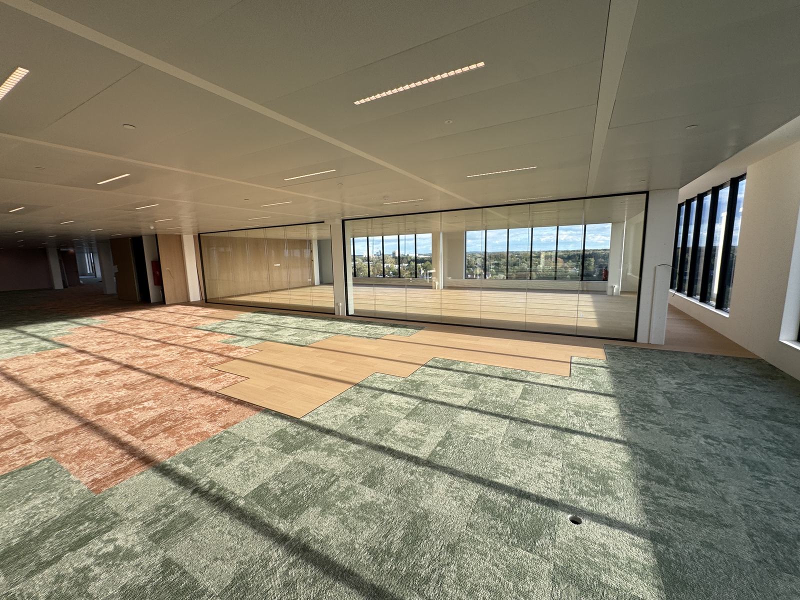 Tapijttegels in groene en terracotta kleurvlakken met LVT-vloer in een kantoorruimte